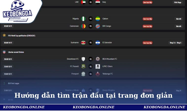 Hướng dẫn thao tác tìm trận đấu tại trang đơn giản